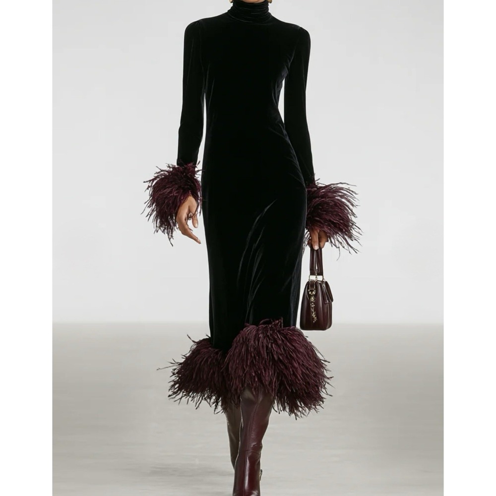 Modesees NWT Velvet Faux Ostrich Feather Hem Maxi Dress Small Black Red Maroon